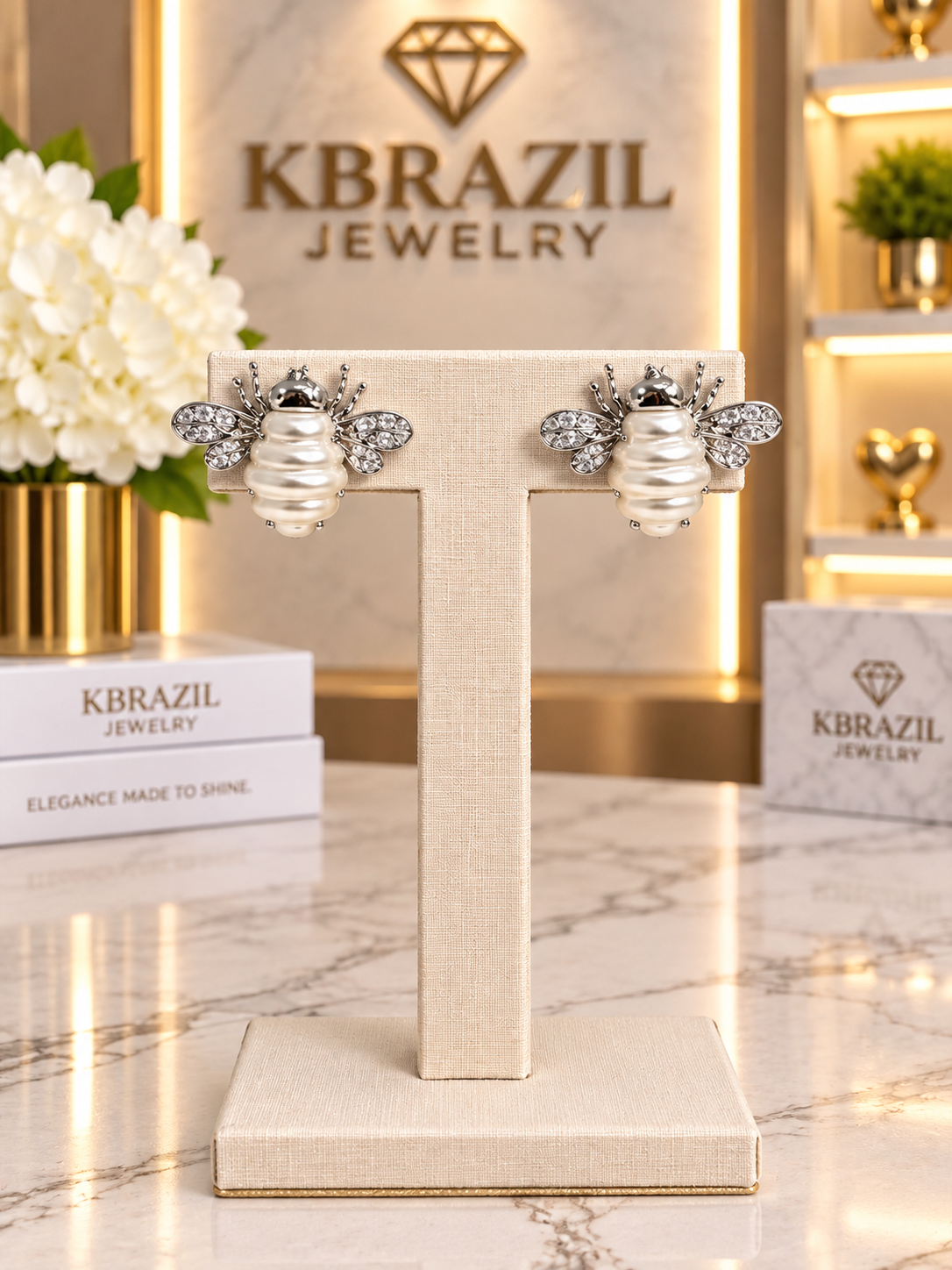 Silver Pearl Bee Statement Earrings