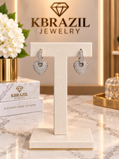 Silver Sparkling Heart Drop Earrings