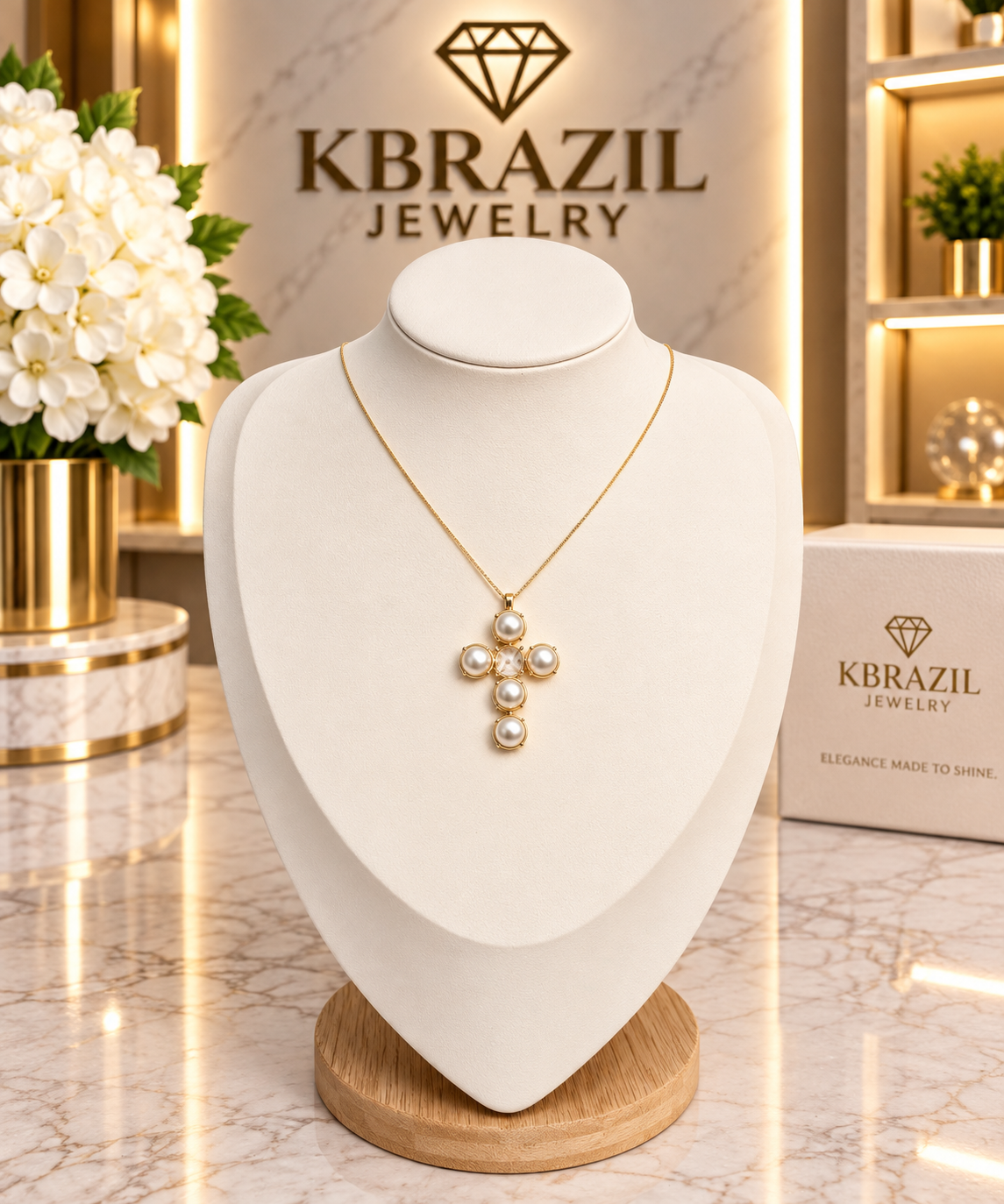 Elegant Pearl Cross Pendant Necklace – Gold-Tone Christian Jewelry